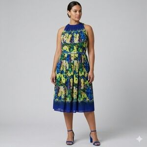 ​Donna Ricco Floral Halter Pleated Midi Dress Blue Yellow Green Size 14